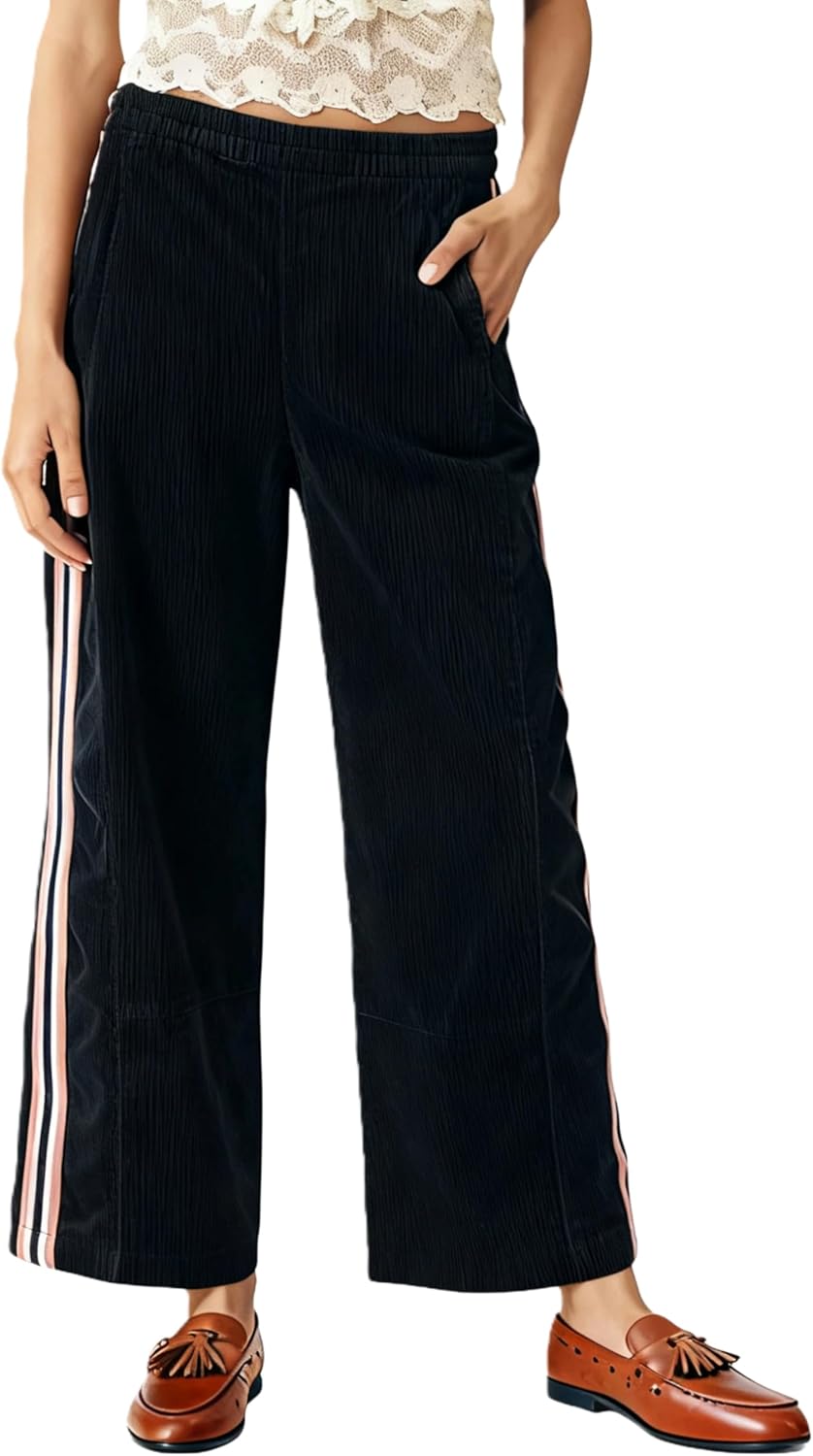 Majdan Womens Corduroy Pants Casual Elastic Waist Barrel Pants Wide Leg Cropped Trousers with Pockets