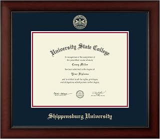Shippensburg University 11" w x 8.5" h Diploma Frame - Fits a bachelor's - Gold Embossed Diploma Frame - Cherry Moulding with Navy and Red Matting - Officially Licensed