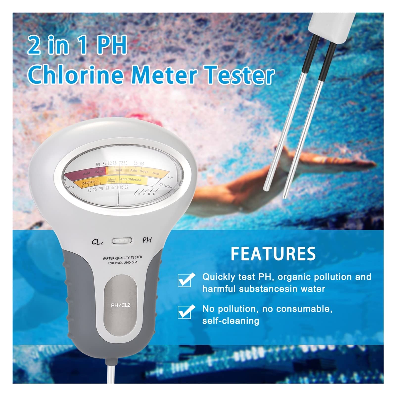 Detector de Calidad del Agua Nuevo 2 en 1 Medidor de Cloro PH Probador Dispositivo de Prueba de Calidad del Agua de Cloro CL2 Herramienta de medición de natación for Acuario de Piscina