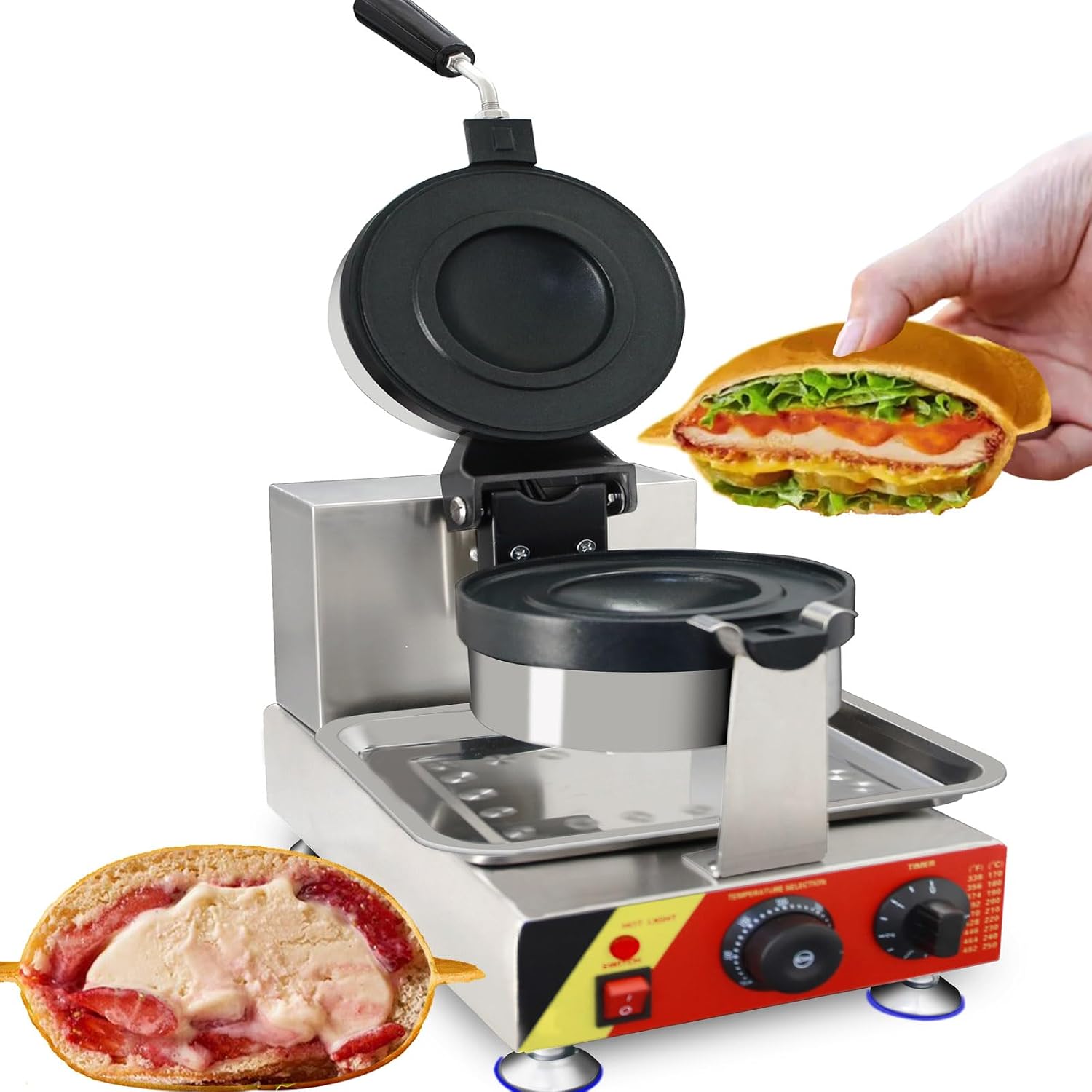 Commercial Gelato Panini Press Electric Ice Cream Sandwich Maker Pocket Burger Warmer Stuffed Waffle Machine,110V