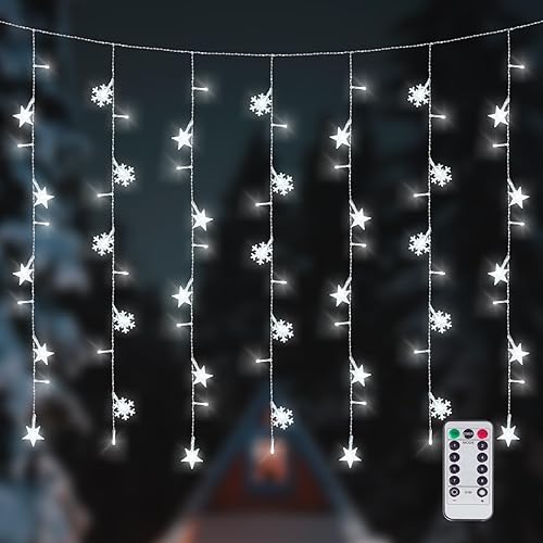 Newhale Tira de luces de cortina de Navidad con 8 modos de luces con copo de nieve y estrella, luces de pared con enchufe USB, decoraciones de