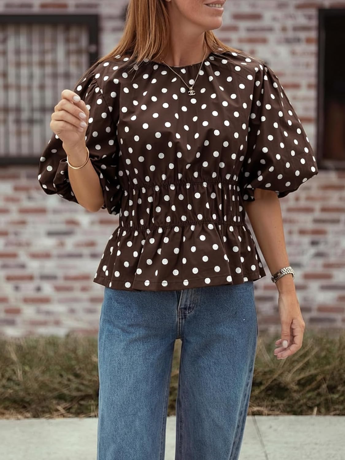 Cicy Bell Womens Polka Dots Peplum Tops Summer Puff Short Sleeve Round Neck Blouses Trendy Casual Shirts - Image 2