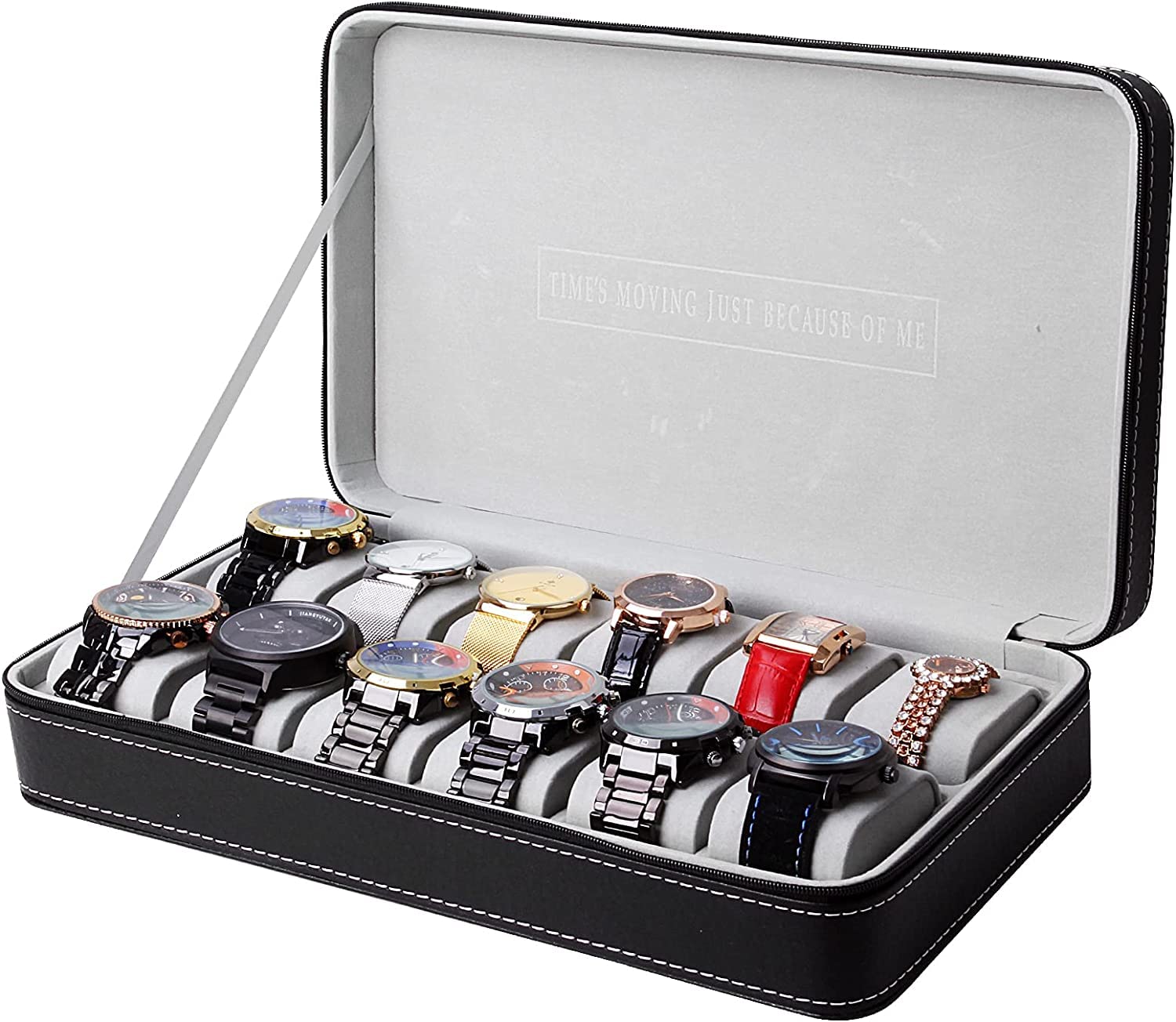 BucketList® Scatola per orologi con 12 scomparti, custodia per orologi da uomo, con cuscino rimovibile, custodia da viaggio portatile con cerniera, in pelle sintetica nera, fodera in flanella grigia