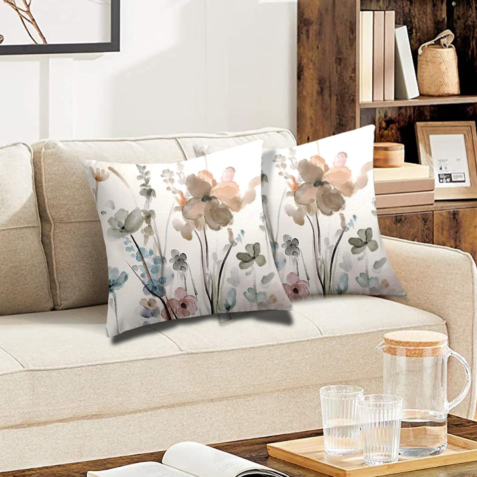 Juego de 2 fundas de almohada florales de 18 x 18 pulgadas, fundas de cojín con diseño de flores de acuarela verde azulado, marrón, crema y gris, fundas decorativas modernas abstractas para 6