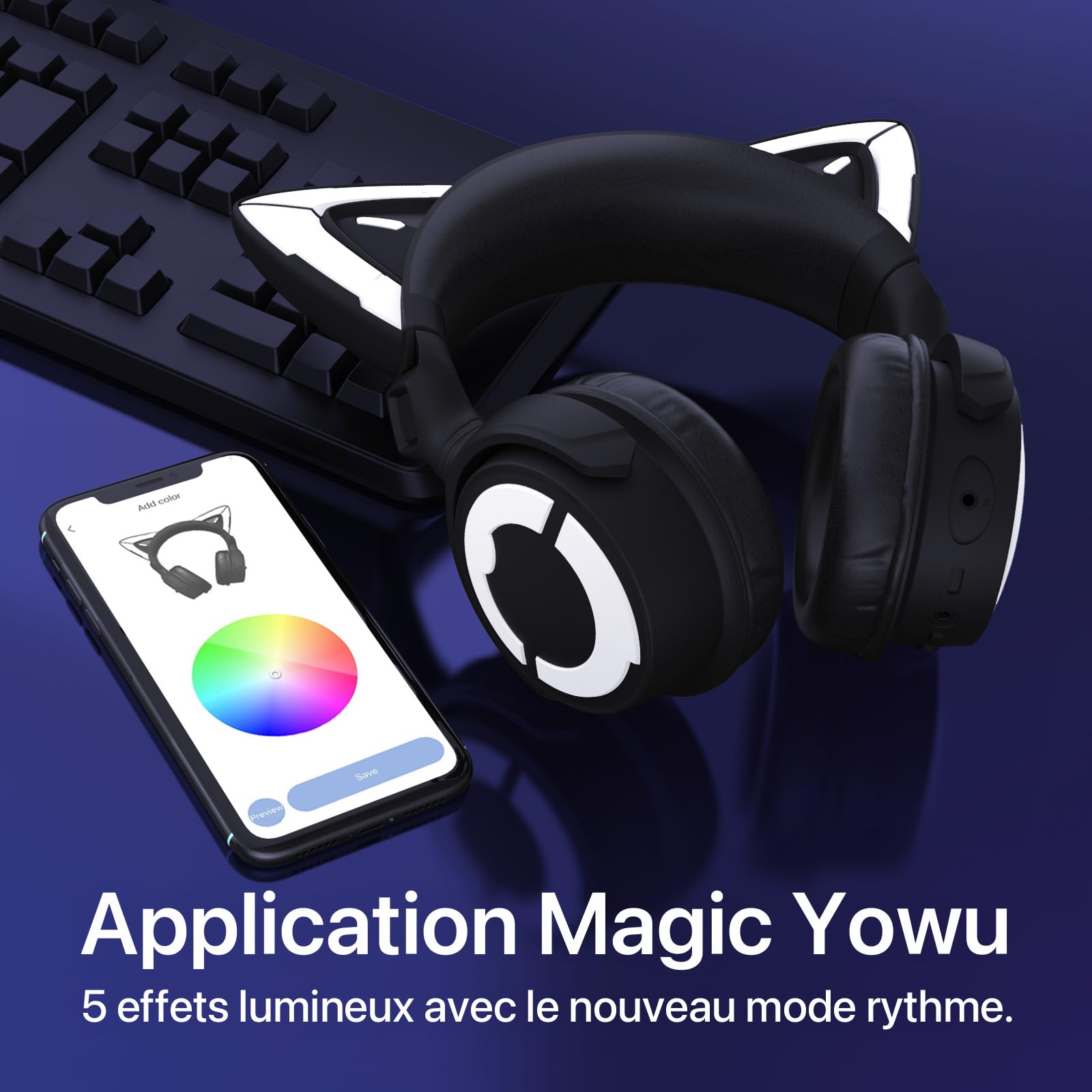 YOWU Casque de Jeu RGB Cat Ear 4, sans Fil et Filaire amélioré avec Microphone HD Amovible – Réduction du Bruit, stéréo Double Canal et éclairage et Effet Personnalisables Via l'application (Noir)