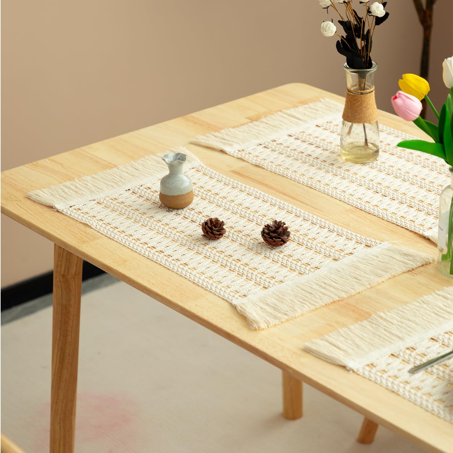 Handmade Boho Placemats Set of 6 - Natural Cotton Burlap and Water Straw Woven Combination Table Mats, Macrame Décor and Farmhouse Style Placemats, for Dining Table Kitchen (Beige, 6PC)