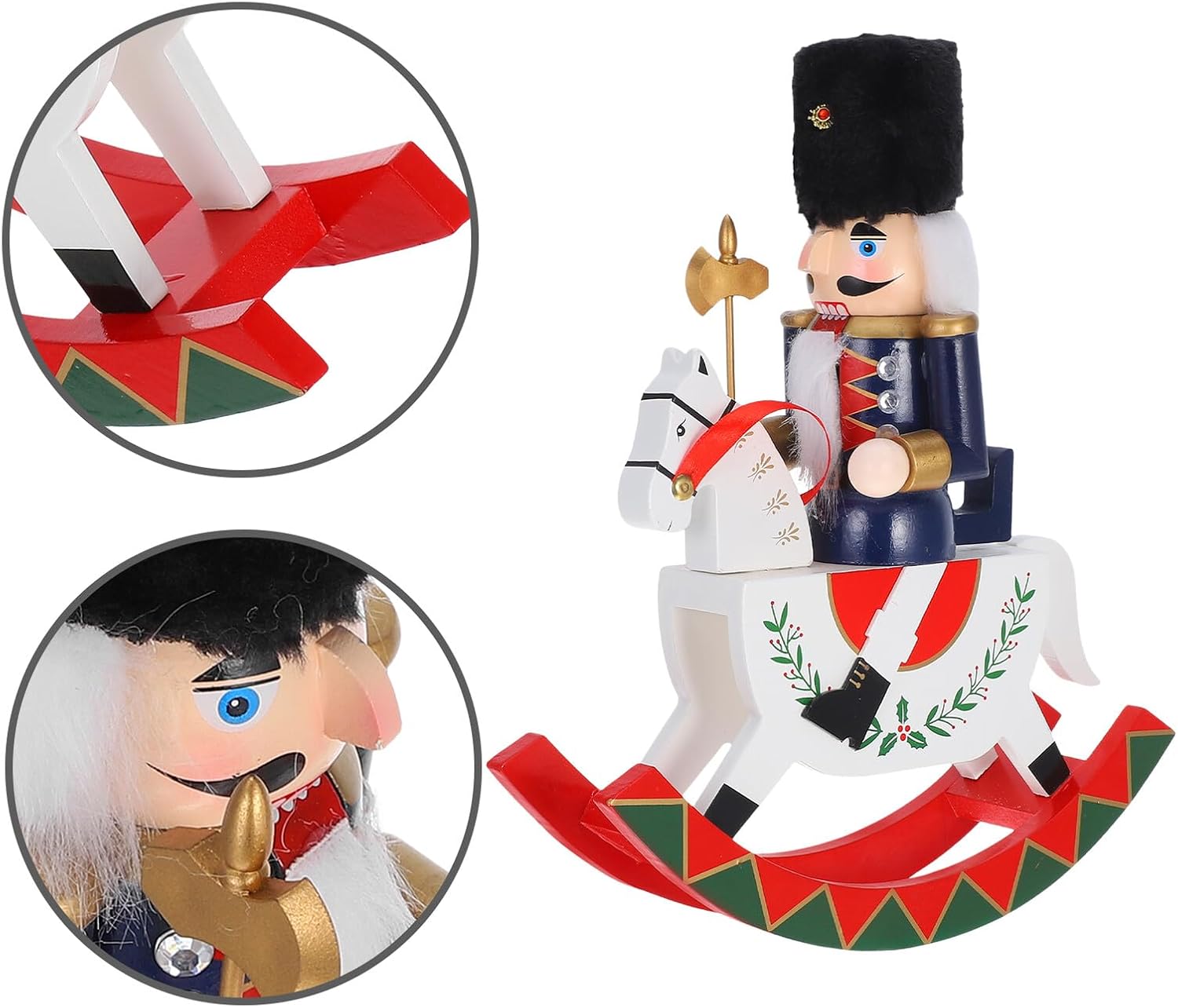 SUPVOX Wooden Nutcracker Rocking Horse Figurine, Mini Desktop Christmas Nutcracker Soldier Ornament for Holiday Party and Home Decoration
