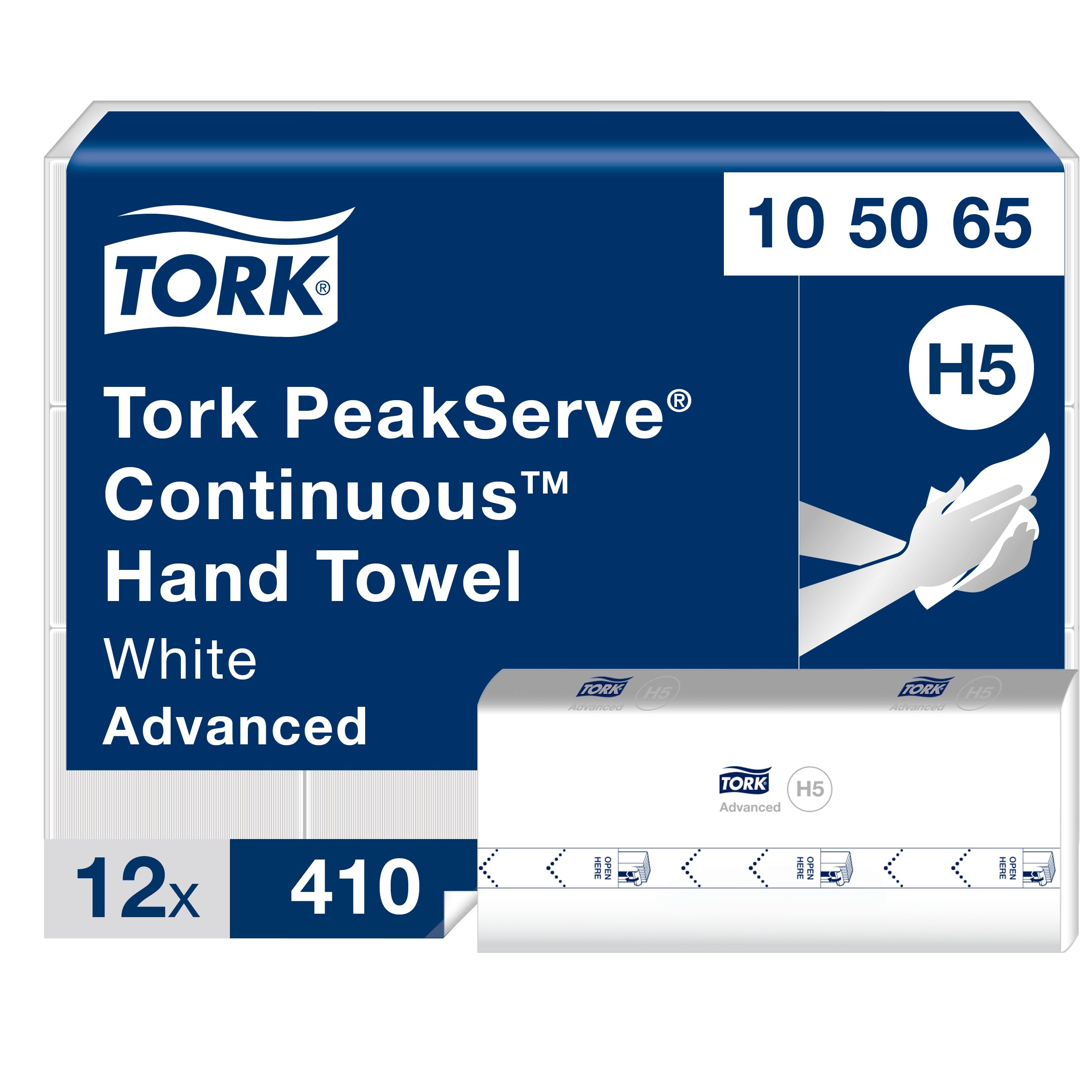 Tork PeakServe 105065 - Toalla de mano continua H5, avanzada, comprimida, 12 x 410 hojas, color blanco