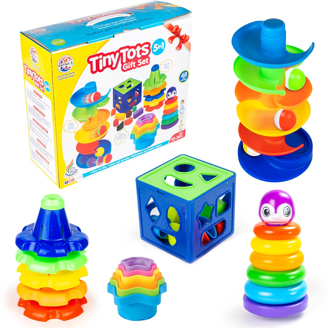 Ratna's 5 in 1 Tiny Tots Gift Set Containing Star Stacker, Penguin Stacking Ring, Stack-N-Spin, Rainbow Spinning Tower & Shape Sorter Cube Toys for Infants & Toddlers