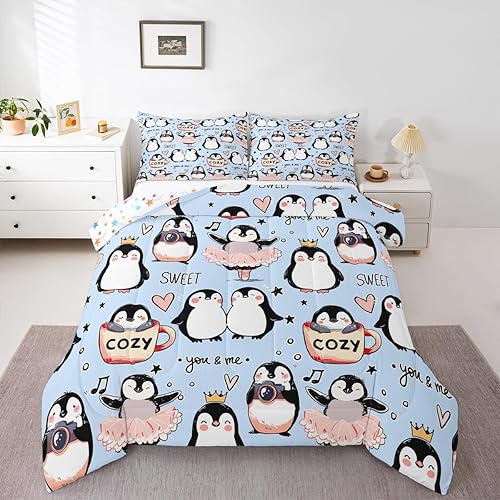 Miniatura 5 de Manfei Juego de edredón de pingüinos de dibujos animados para niños, tamaño King, bonito juego de ropa de cama de animales árticos, decoración de