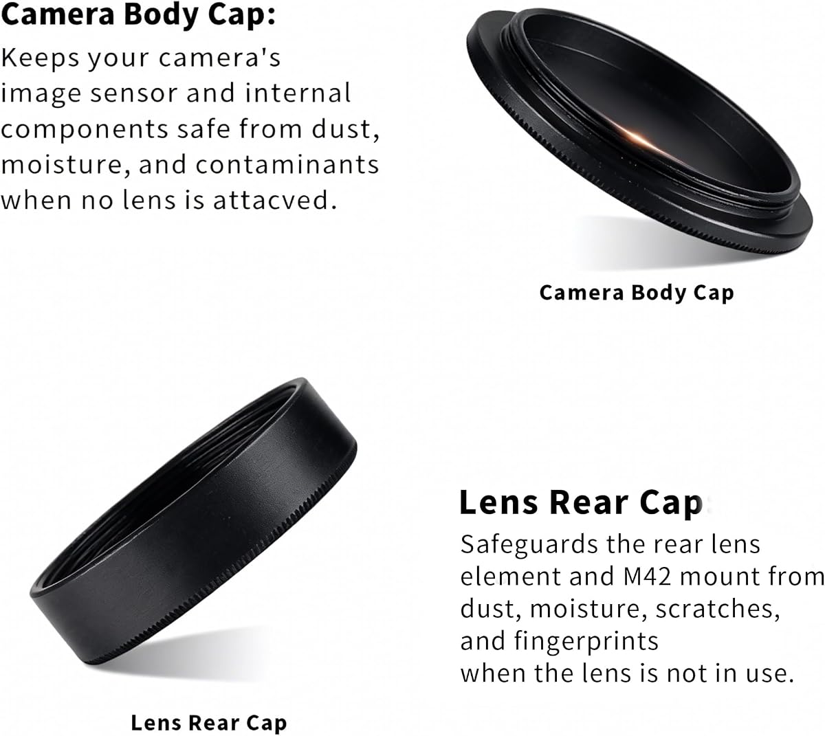 Juego de tapa de cuerpo de cámara de metal M42 y tapa de lente trasera, cubierta de aleación de aluminio para lentes de cámara con montaje de tornillo universal M42 (rosca de 42 mm x 1), duradera y liviana (negro)