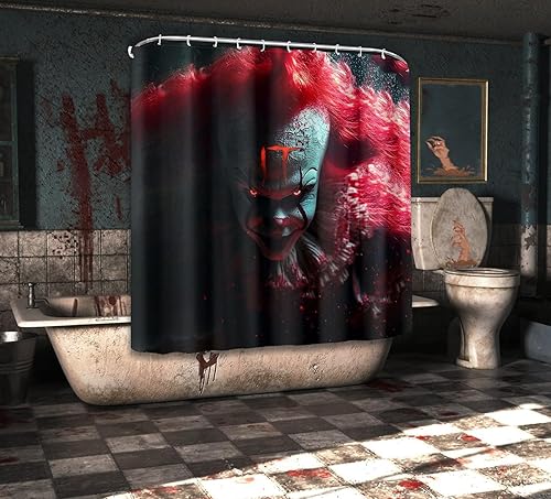 Miniatura 2 de Cortina de ducha de Halloween Nightmare Clown Sinister Pennywise The IT, decoración navideña temática de película de terror, cortina de baño