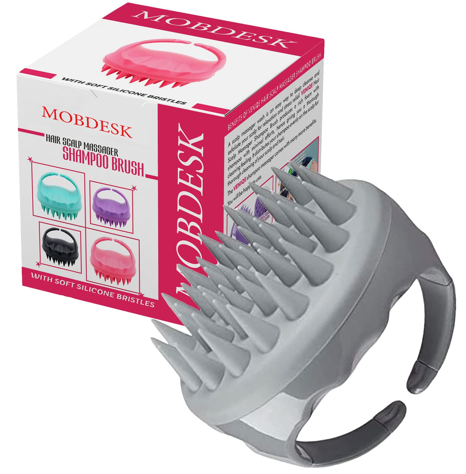 MOBDESK Hair Scalp Manual Massager Shampoo Brush with Soft Silicone Bristles for Anti Dandruff Hair Care Brush, Scrubber, Washing Exfoliator Head Scrubber Thick Curly Wet Dry of Women Men Kids (GREY)