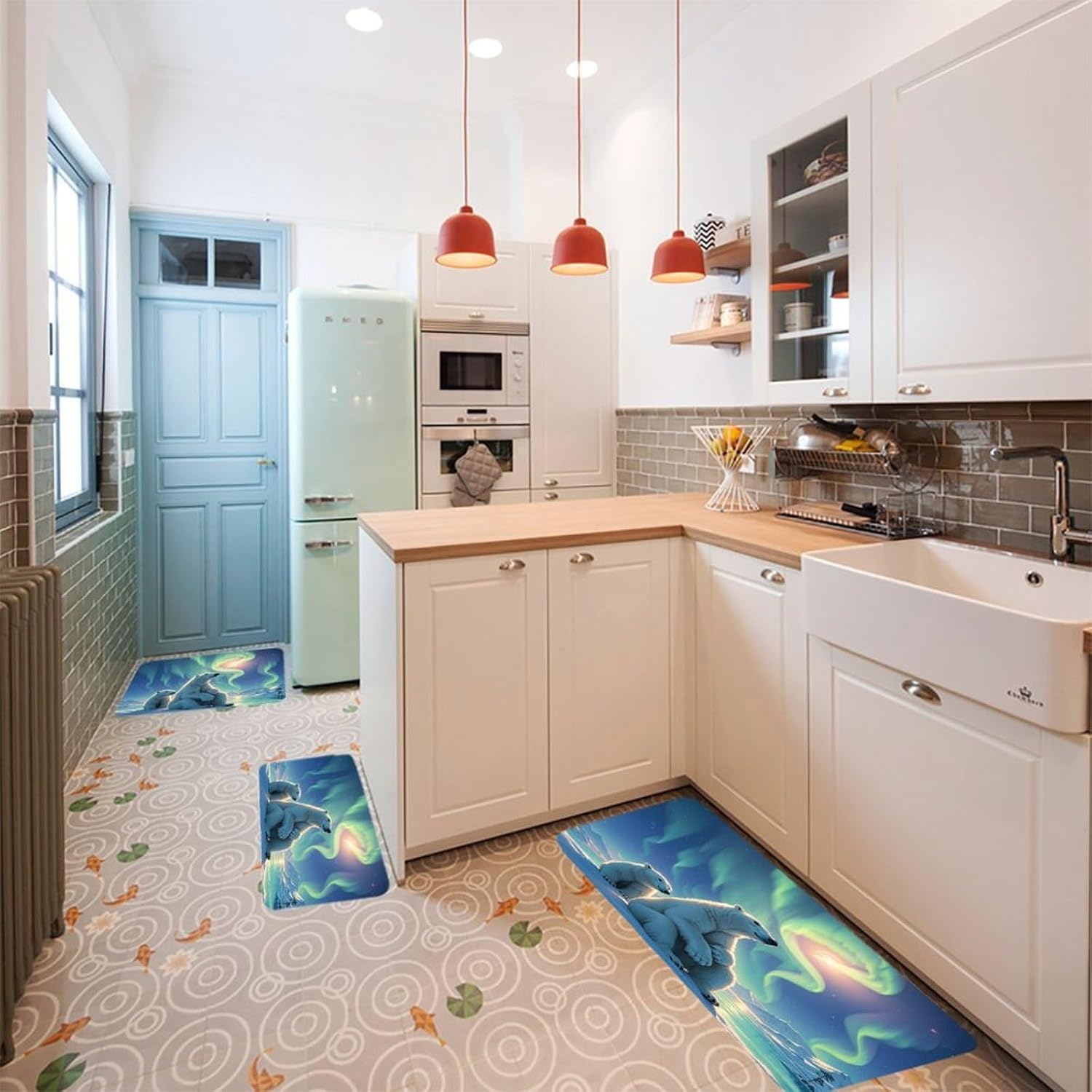 Polar Bears & Northern Lights Kitchen Mats for Floor 3PCS Waterproof Low-Profile Kitchen Rugs Floor Mat Non Slip Anti Fatigue Mats Comfort Standing Mat Runner Rug Area Rug 6"x24"+20"x31"+17"x47"