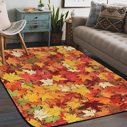 Alfombra de hojas de arce, 5 x 7 pies, lavable con hojas de otoño, para interiores y exteriores, alfombra para puerta de porche delantero, patio,
