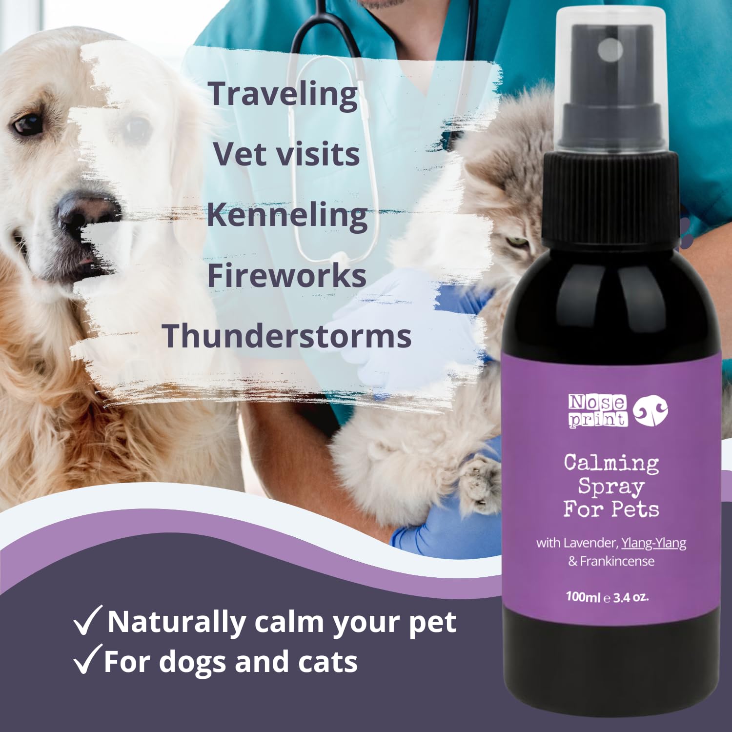 Spray apaisant naturel pour chiens et chats, lavande ylang-ylang, encens, spray d'intérieur sans danger pour les animaux de compagnie, 100 ml