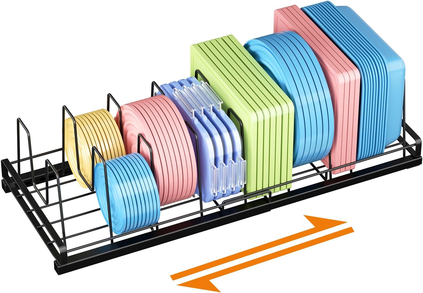 Expandable Food Container Lid Organizer, Large Capacity with 9 Adjustable Detachable Dividers, Metal Kitchen Cabinet Organizer Lid Organizer Rack for Cabinets, Cupboards, Pantry Shelves, Drawers