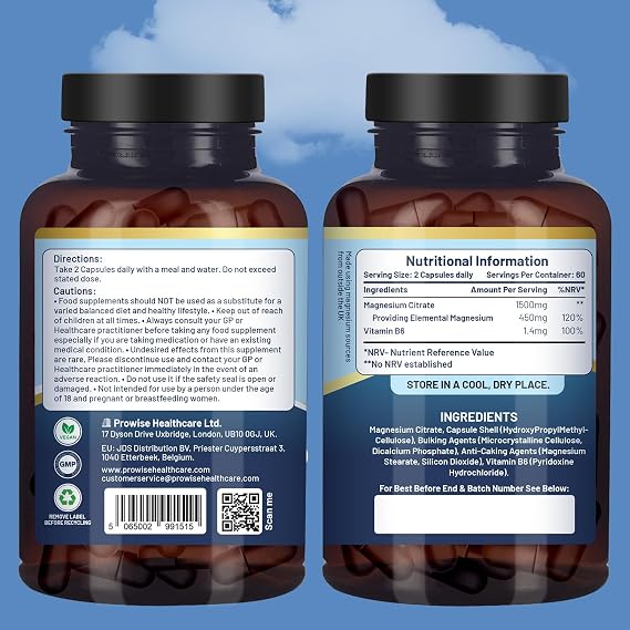 Magnesium Citrate Capsules 1500mg with Vitamin B6 | 120 Vegan Capsules | 450mg Elemental Mg | High Strength Magnesium Supplements for Women & Men | Capsule not Tablets | Made in UK by Prowise