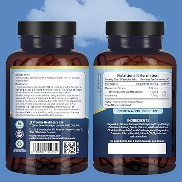 Magnesium Citrate Capsules 1500mg with Vitamin B6 | 120 Vegan Capsules | 450mg Elemental Mg | High Strength Magnesium Supplements for Women & Men | Capsule not Tablets | Made in UK by Prowise