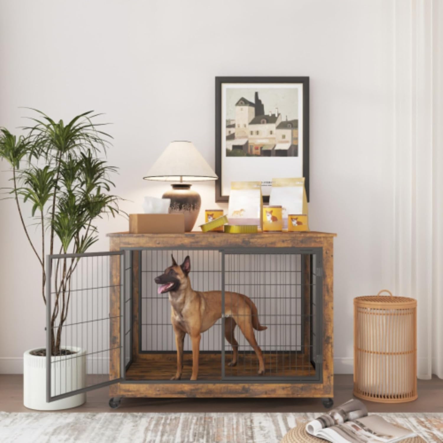 Furniture Style Dog Crate Side Table, Crate Style Furniture Dog Kennel with Wheels, Double Doors, Lift and Lower. Rustic Brown, for Medium to Large Dogs, 43.7" W x 30" D x 31.1" H.