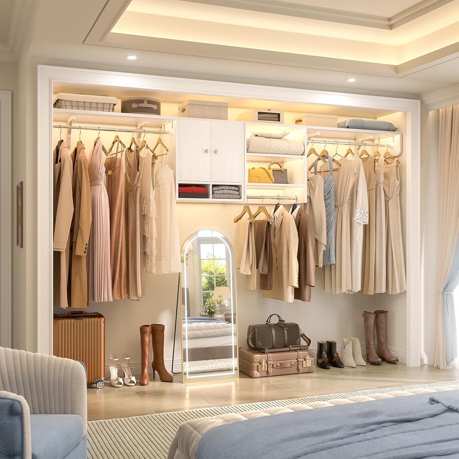 Unikito Wood Over Washer and Dryer Storage Shelves and Organizer, 118" Wall Mounted Laundry Room System with 3 Hanger Rods, Heavy Duty Laundry Room System, Space Saver Clothes Drying Rack, White