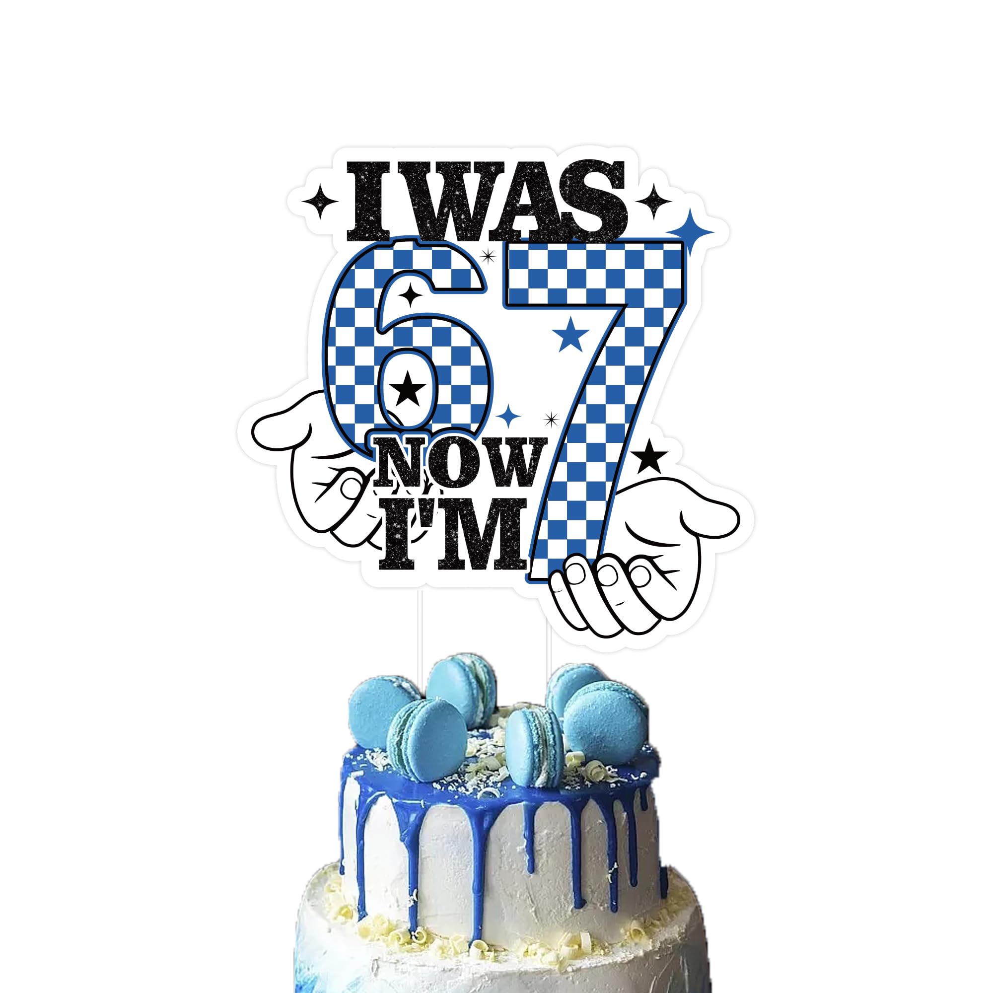 67 Birthday Decorations Cake Topper - Happy Birthday I was 6 Now I'm 7 Cake Topper Blue White Grid Theme Party Decoration for Boys Girls Funny Six Seven Years Old Party Supplies