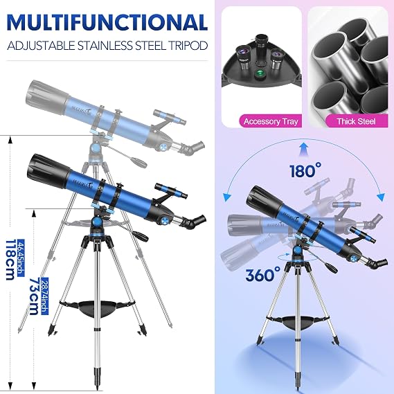 Telescope for Adults High Powered, 90mm Aperture 800mm Refractor | Professional Telescopes, for Astronomy Beginners, with AZ mount, Tripod, Carry Bag and Moon Filter, Travel and Stargazing