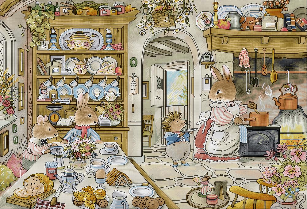 Awesocrafts Cross Stitch Stamped Kits Rabbit's Kitchen Easy Patterns Cross Stitching Embroidery Needlework Kit Supplies 14CT 2 Strands