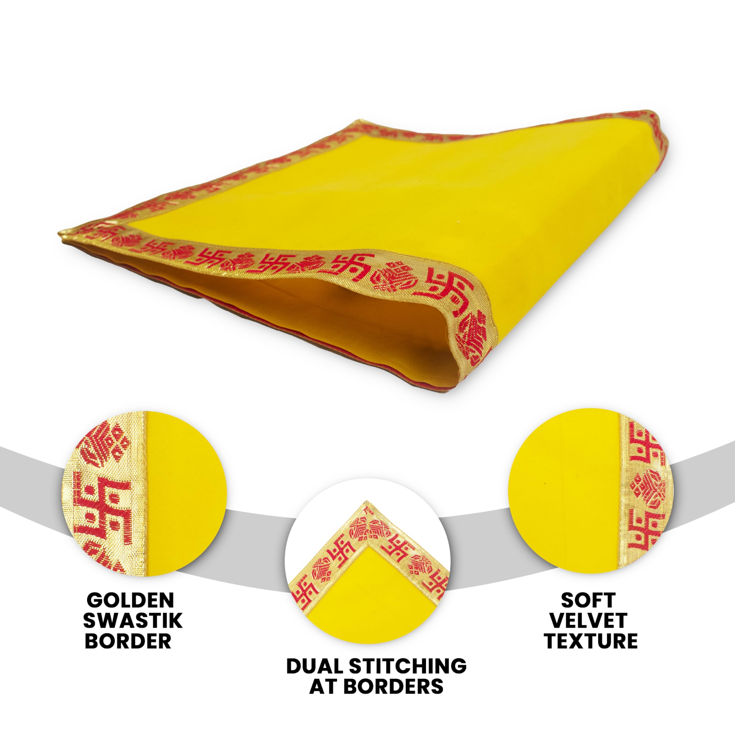 DLC Set of 2 Yellow Velvet Altar Cloth with Swastik Border, Large Size Ganpati Baithak Pooja Aasan Cloth for God, Puja Chowki Cover Kapda for Home Mandir, Temple by Dulhan Size 15 x 30 inches 2