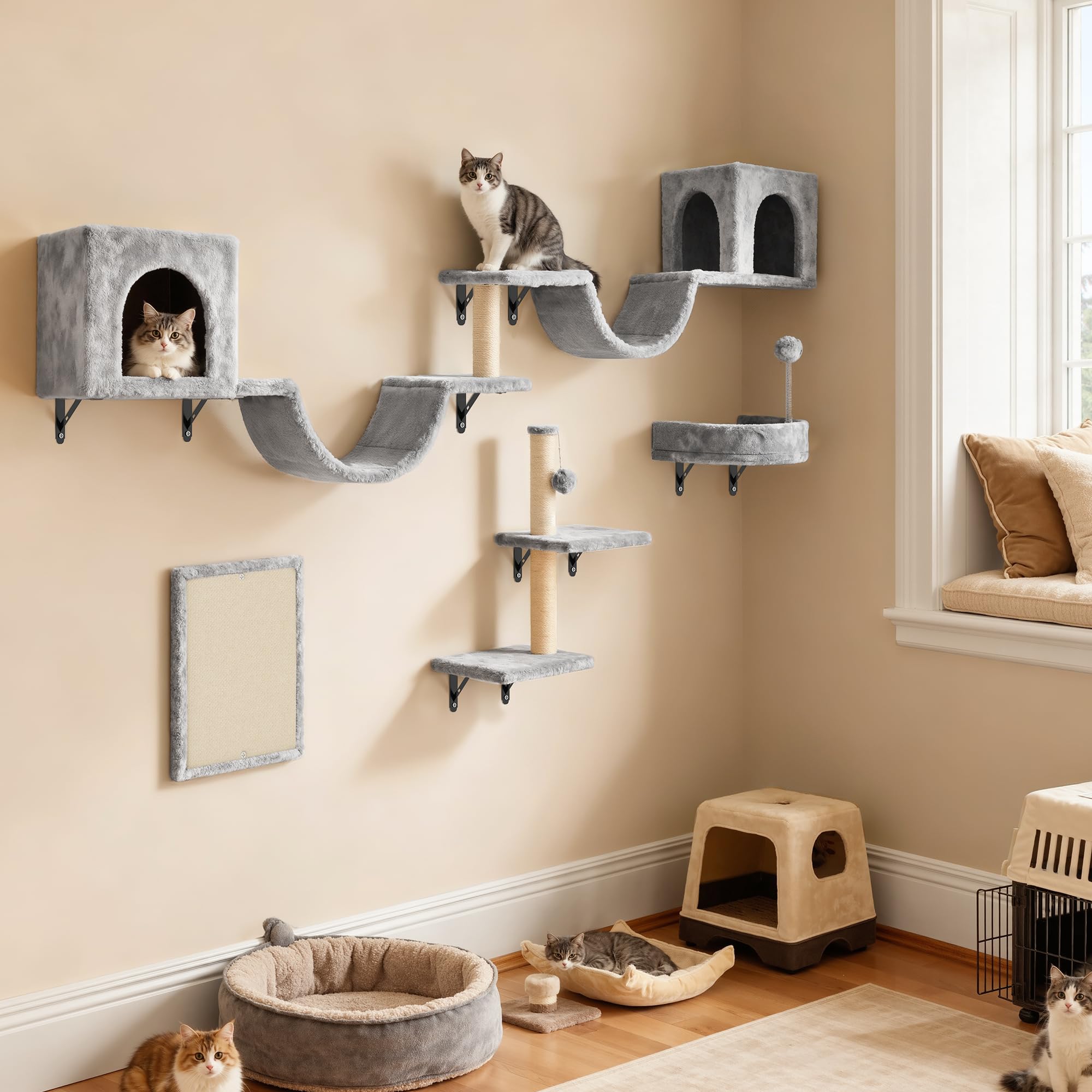 YITAHOME 8-teiliges Katzewand-Set, Robustes Plüsch-Kratzmöbel mit Kratzsäule, Katzenhaus, Katzenbrücke, Katzenleiter und Hängeball in Hellgrau