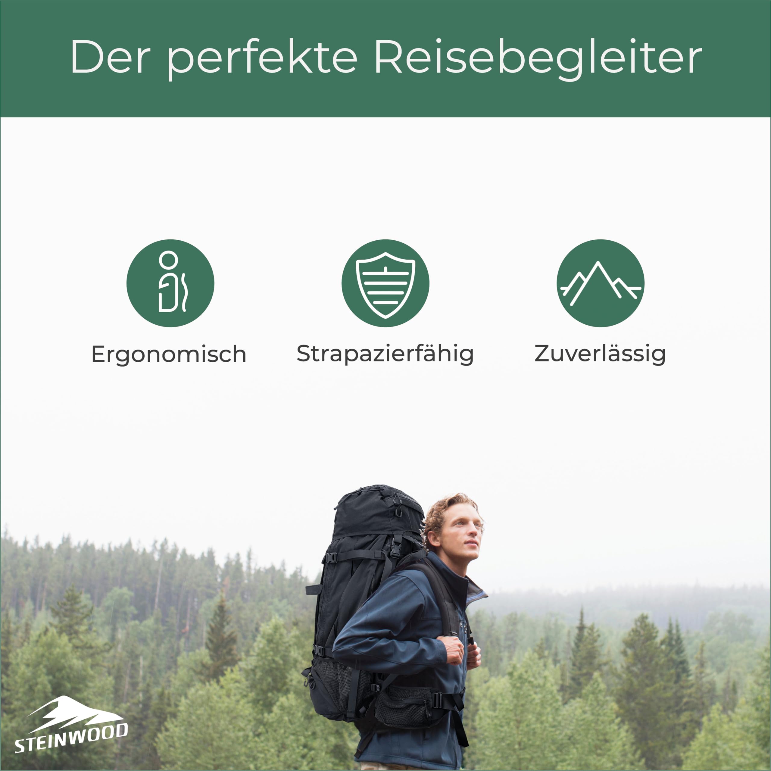 Steinwood Trekkingrucksack 70L (neu 2024), Wanderrucksack, Backpacker-Rucksack, Reiserucksack, wasserabweisend mit Regenhülle, schwarz