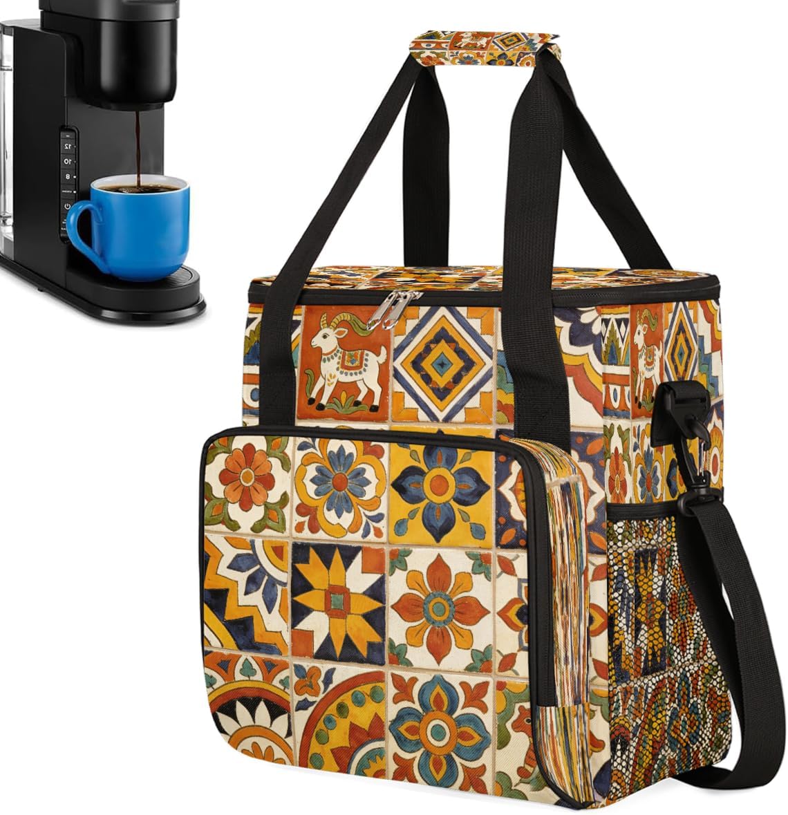Mexican Folk Tile Portable Coffee Maker Carrying Bag Compatible with Keurig K-Mini/K-Mini Plus - Travel Storage Tote with K-Cup Pod Pockets for Single Serve Coffee Brewer