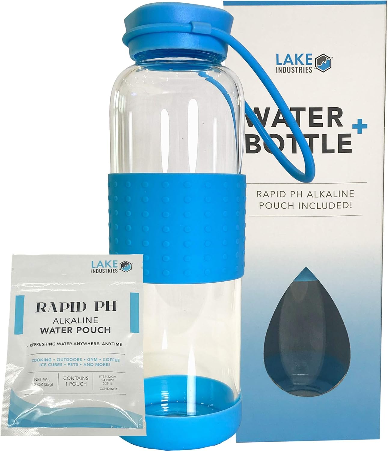Alkaline Water Bottle+ -BPA Free Glass- Anti-Slip Silicone Grip- 20oz/ 600ml- Infused Pouch - Use for Work, Sports, Outdoors - 1 Rapid pH Alkaline Water Filter Pouch Included (Lake) - Image 2