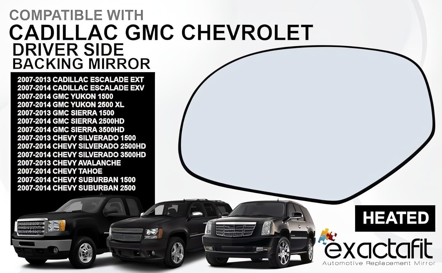 Driver Left Side Mirror Glass Replacement For 2007-2014 Chevy Silverado Avalanche Tahoe Suburban, GMC Sierra Yukon, Cadillac Escalade Heated Mirrors with Backing Plate GM1324137