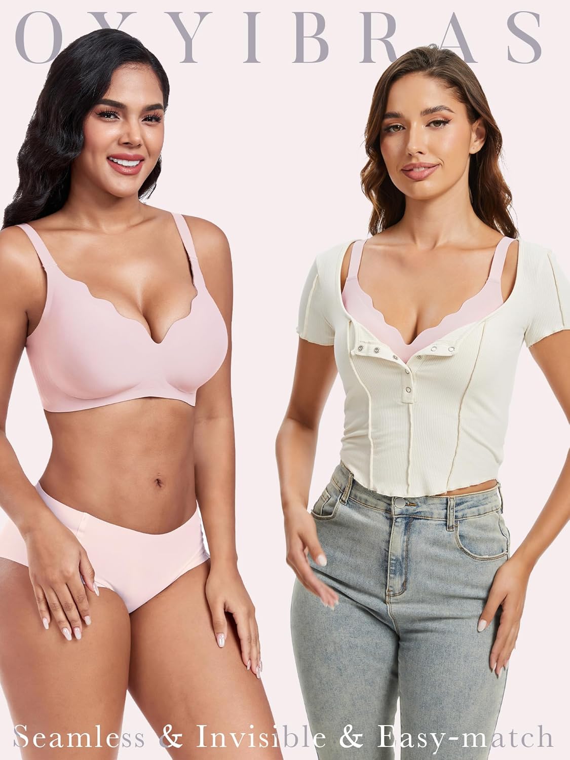 Plunge Jelly Bras for Women No Underwire Wireless Deep V Bralettes Soft T Shirt Sleep Bra with Bra Extenders Pink M - Image 5