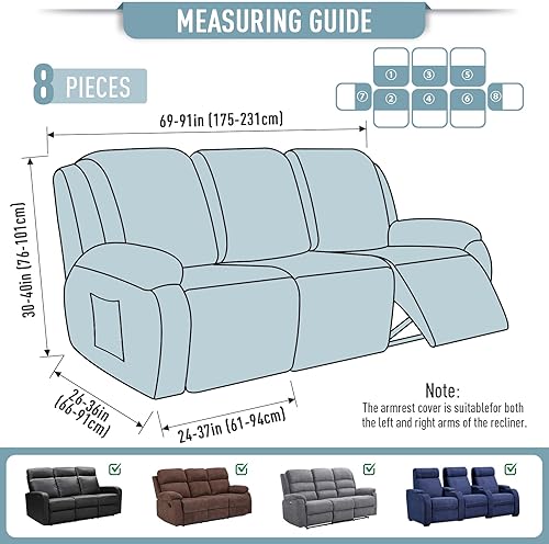 Miniatura 5 de TAOCOCO - Fundas protectoras para sofá reclinable grande de 3 asientos, 8 piezas, elásticas, con patrón de jacquard suave, color azul polvoriento