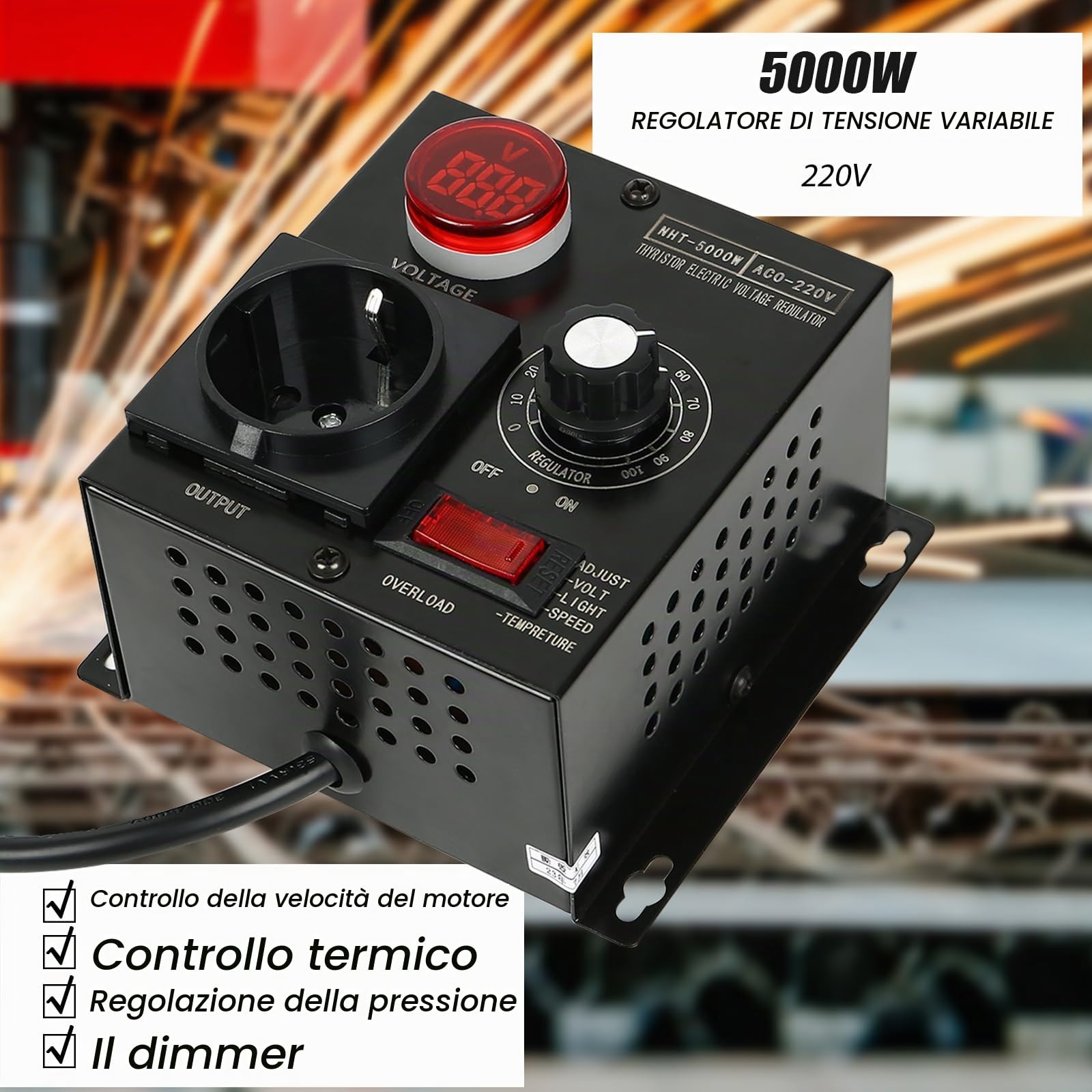 Dimmer, AC 220 V, 5000 W, SCR regolatore di tensione, regolatore di velocità del motore, dimmer, regolatori elettronici, dimmerazione, rallentamento (spina di uscita: spina europea)