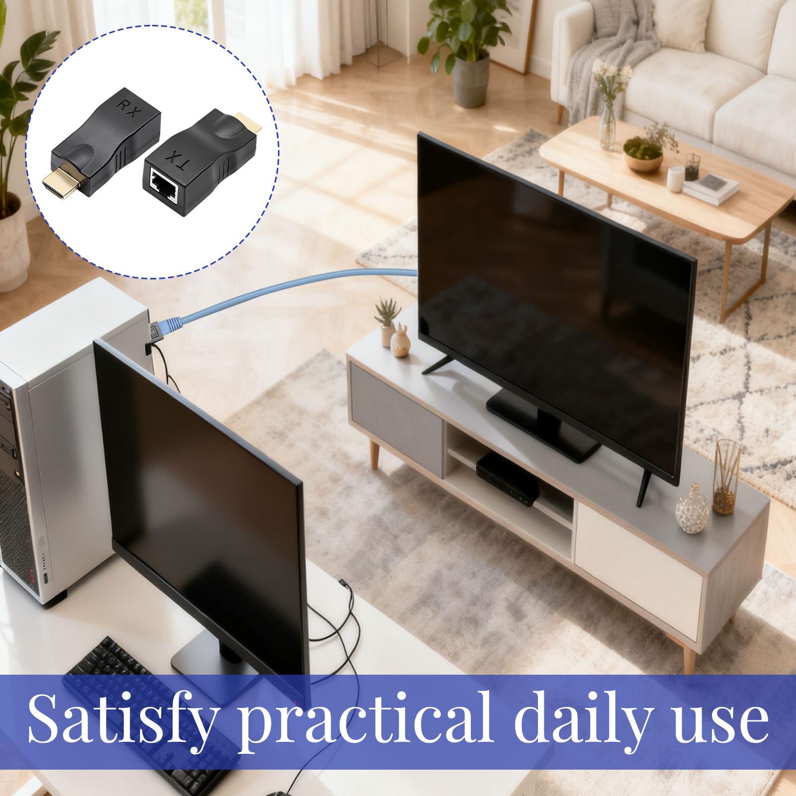 Adaptateur RJ45 HDMI, 2 pièces Convertisseur HDMI Réseau, Convertisseur HD MI Ethernet, Distance d'Application Jusqu'à 30 m, Ne Prend pour Pas en Charge Le Protocole HDCP, pour Hôtel, Conférence.