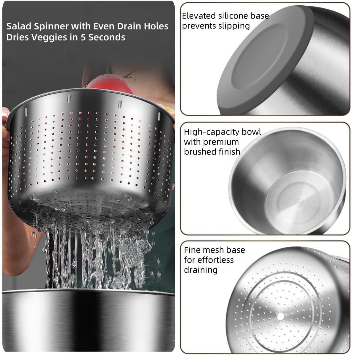 6L Stainless Steel Salad Spinner - Large Vegetable & Fruit Washer Dryer with Quick Spin, Drain Basket and Collapsible Design，Fruit Cleaner Spinner with for Lettuce, Greens (18/8 Stainless Steel)