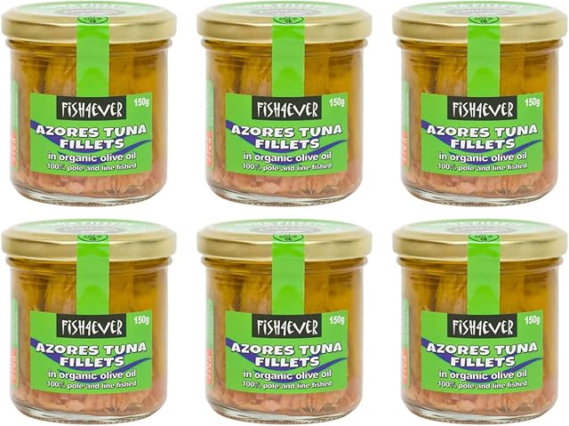 Fish 4 Ever - 6x 150g Skipjack Tuna Fillets in Organic Olive Oil - Sustainably Fished. Canned Glass Jar Food Rich In Omega-3. Great Used In Salads, Sandwich Spread Or Hot And Cold Snacks (Pack Of 6)