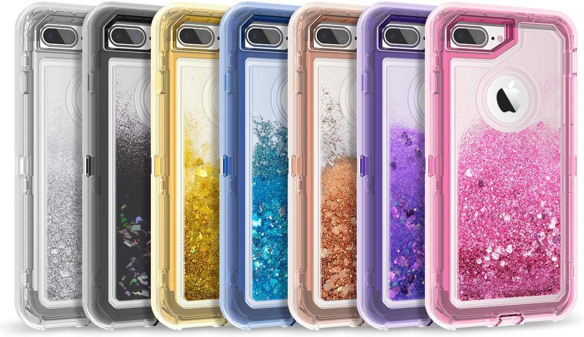 Dexnor iPhone 7 Plus Case Glitter 3D Bling Sparkle Flowing Liquid Transparent 3 in 1 Shockproof TPU Silicone Core + PC Frame Protective Defender for iPhone 8 Plus/7 Plus/6s Plus - Pink
