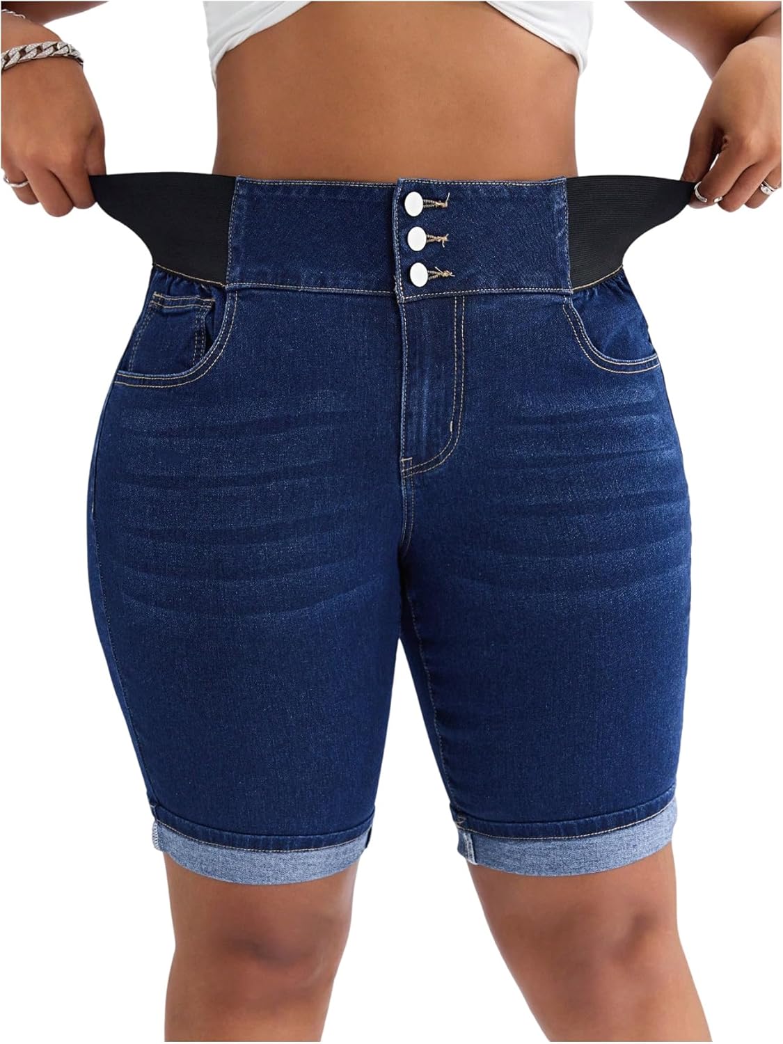 GORGLITTER Women's Plus Size Jean Shorts Stretchy High Waist Roll Hem Denim Bermuda Shorts Bottoms Dressy Casual