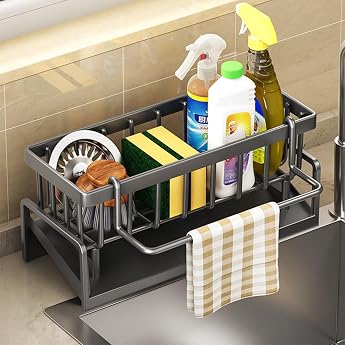 BRYN Sink Organiser Carbon Steel Sponge Holder Kitchen with Dish Cloth Holder Kitchen Sink Organiser with Drain Pan for Kitchen Accessories Sponge Brush Dish Soap Bathroom Grey
