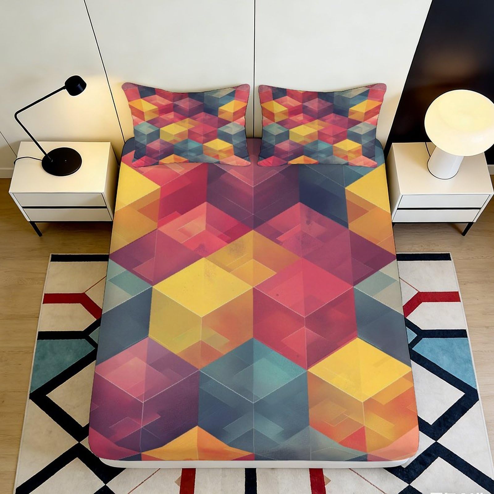 Jqzkxnhpbr Style-5 3D Printed Geometric Cube Fitted Sheet Microfiber Soft Breathable Colorful Polygon Bed Cover For Bedroom Dorm Decor 90X200x25cm