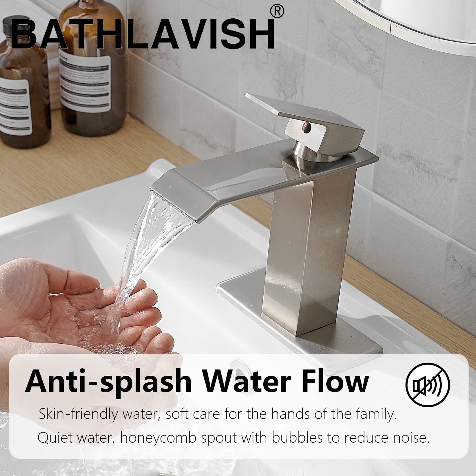 Greenspring Waschbeckenarmatur Gebürstetes Nickel – Wasserfall-Armatur Mit Pop-Up-Ablauf, Einhebel