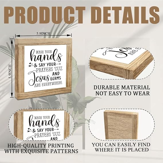 Funny Christian Bathroom Decor for Restroom Toilet Shelf Wash Your Hands Say Your Prayers Wood Sign, Rustic Farmhouse Religious Bathroom Humor Decoration for Home