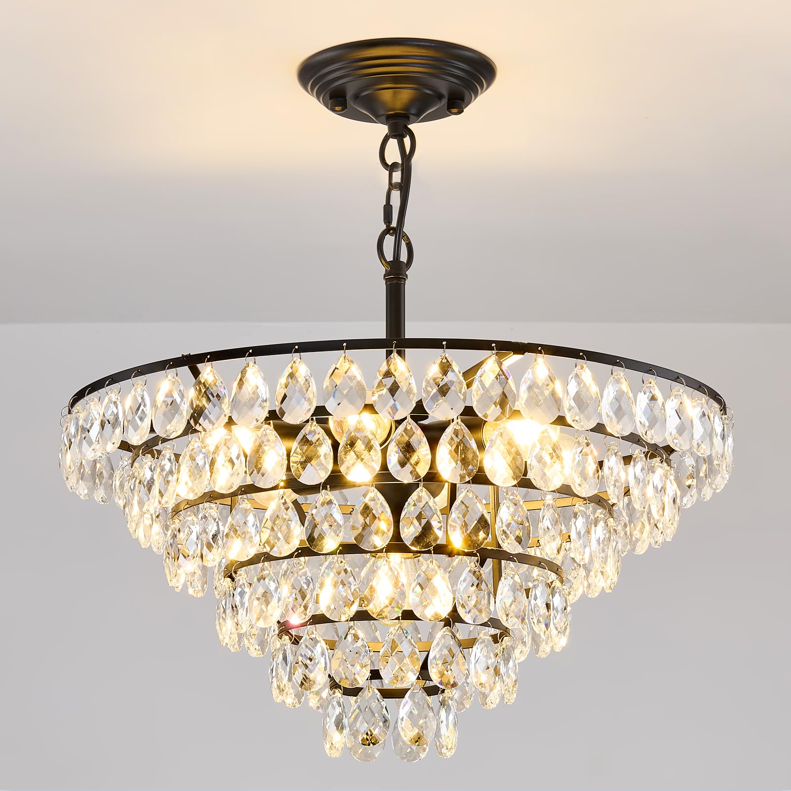 SYAXVOM Modern Celing ht Crystal Chandelier 7 20" Raindrop Black Ceiling Adjustable Hanging Fixture for Dining Room Foyer Entryway Staircase Living