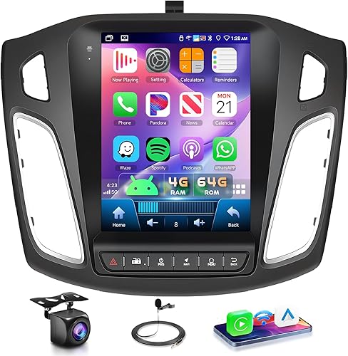 4G+64G Vertical Android Car Stereo Radio para 2012 2013 2014 2015 2016 2017 2018 Ford Focus, Wireless CarPlay Android Auto HD IPS pantalla táctil