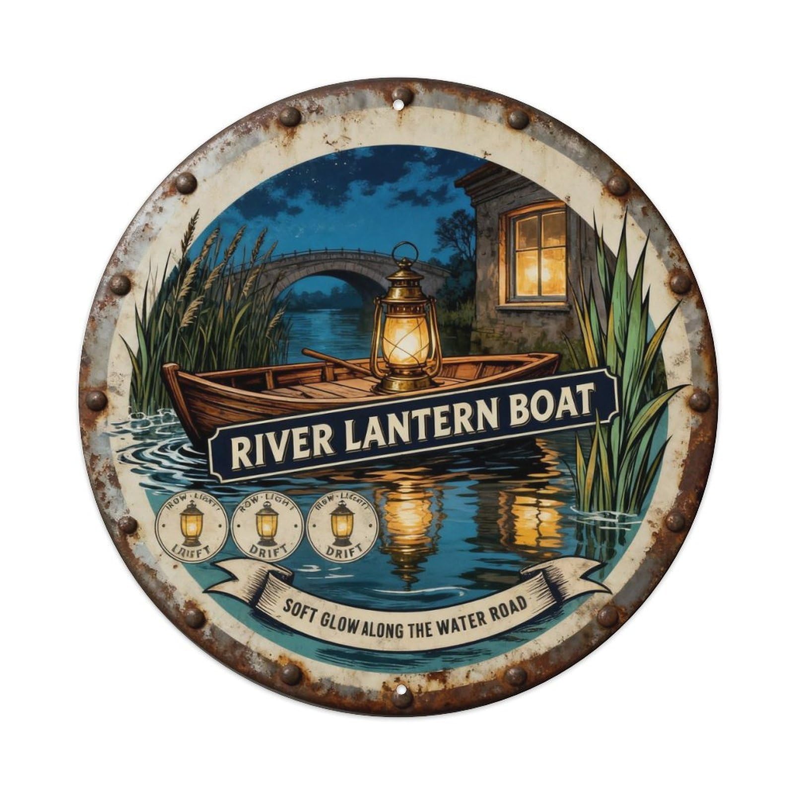 River Lantern Boat Sign Metal Tin Sign Plaque