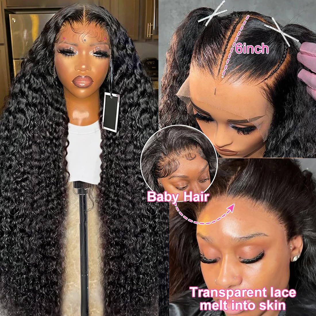 28 Inch 13x6 Deep Wave Lace Front Wigs Human Hair Pre Plucked 200% Density Frontal Wigs Human Hair Curly Wigs for Black Women Natural Black